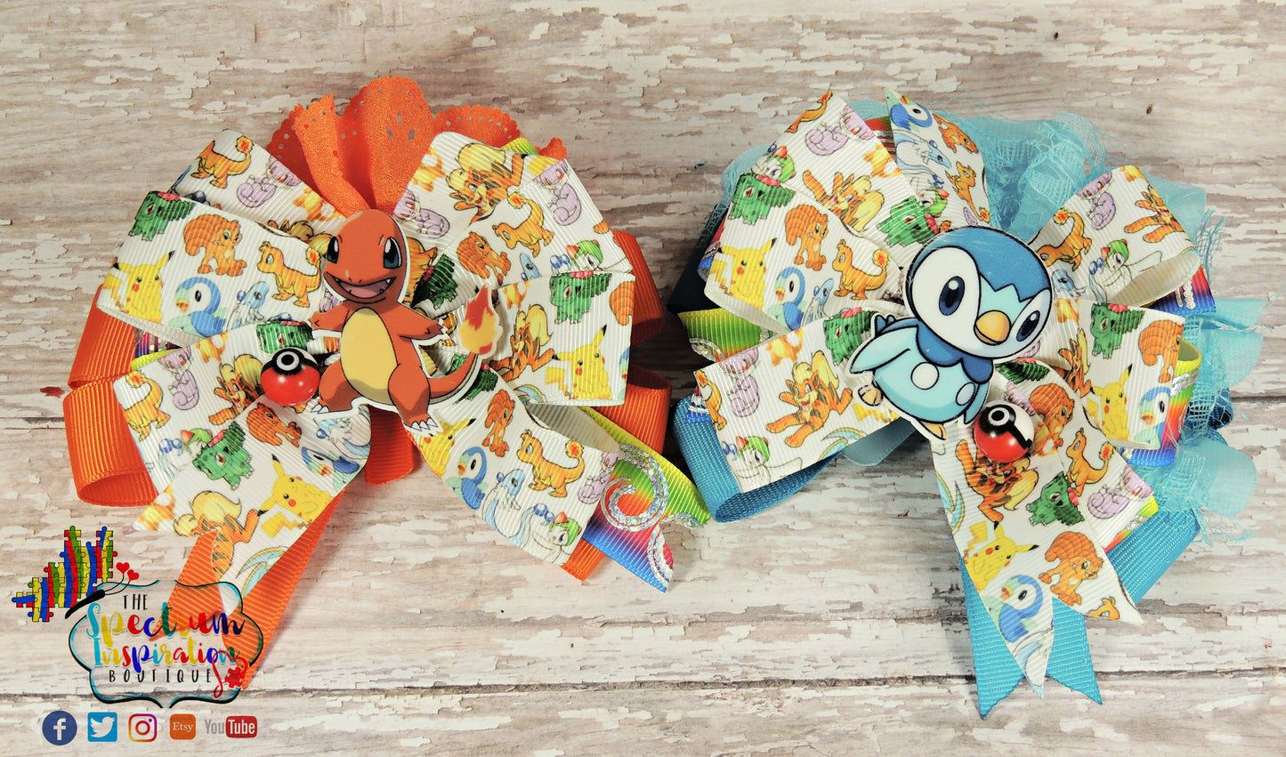 Charzard & Piplup Pinwheels, Pigtail Bows Set, Pigtail Bows, Pinwheel Bows, Pokemon Bows, Pokemon Pigtail Bows