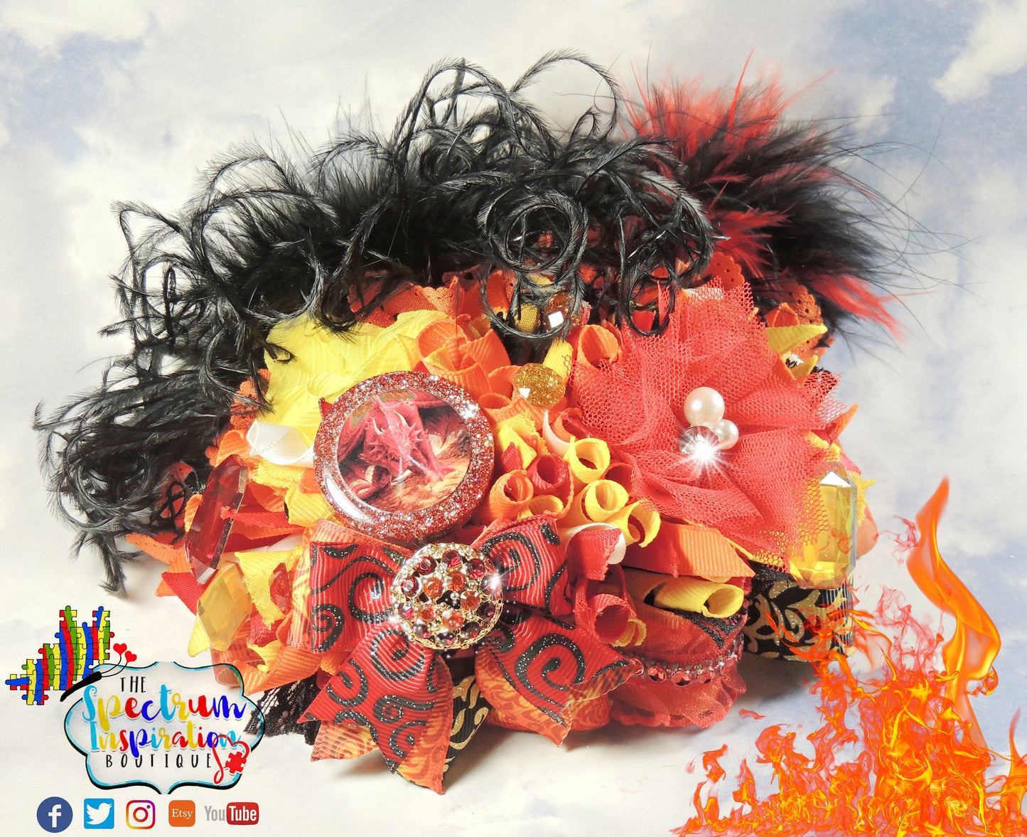 Fire Dragon, Over the Top Funky Loop Bow, Fire Dragon Bow, Over the Top Bow, Pretty Bow, Fancy Bow, Fire Bow, Hair Bow